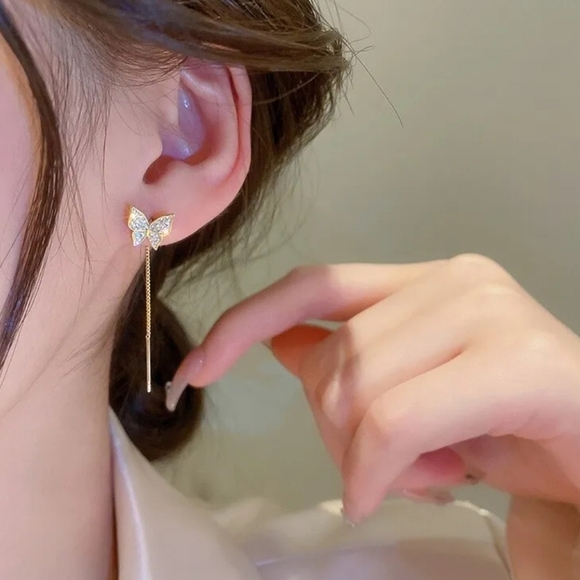 Butterfly Thread Gold Earrings - Picture 2 of 2